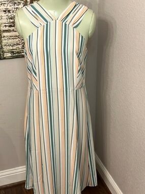 Ann Taylor Striped Sleeveless Midi Dress in White, Peach & Teal - Size 4